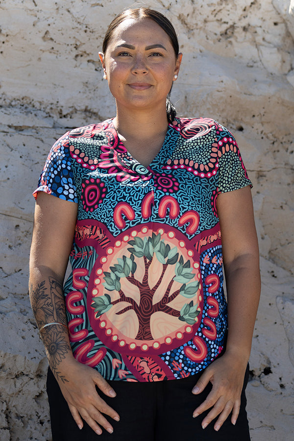 Wurung (Branches) V Neck Women's Short Sleeve Blouse