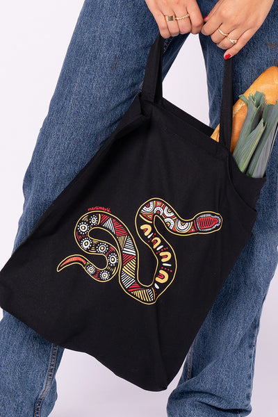 Durrin (Snake) Black Cotton Short Handle Tote Bag