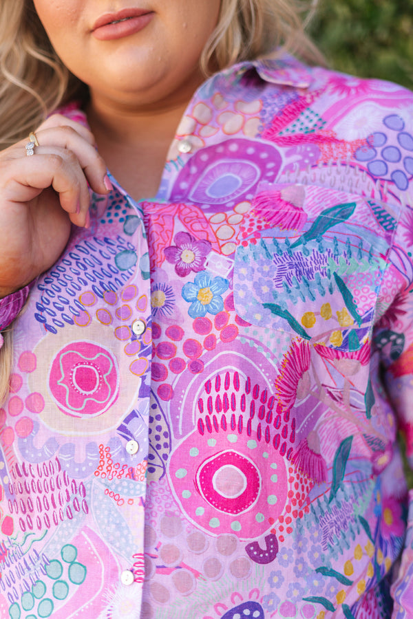 Flowers Along The River 100% Linen Long Sleeve Relaxed Women’s Shirt