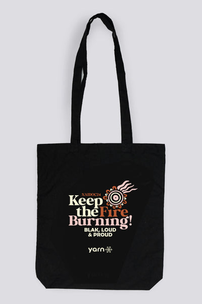 Keep the Fire Burning! Pink NAIDOC 2024 Black Long Handle Cotton Tote Bag