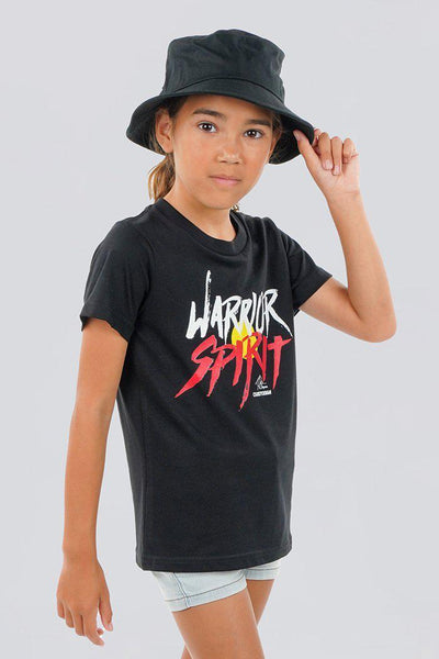 Aboriginal Art Clothing-Warrior Spirit Black Cotton Crew Neck Kids T-Shirt-Yarn Marketplace
