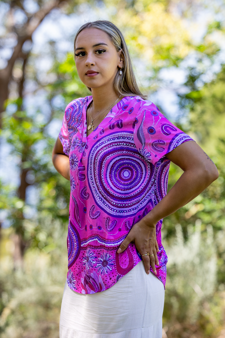 Pink Spring V Neck Women's Short Sleeve Blouse