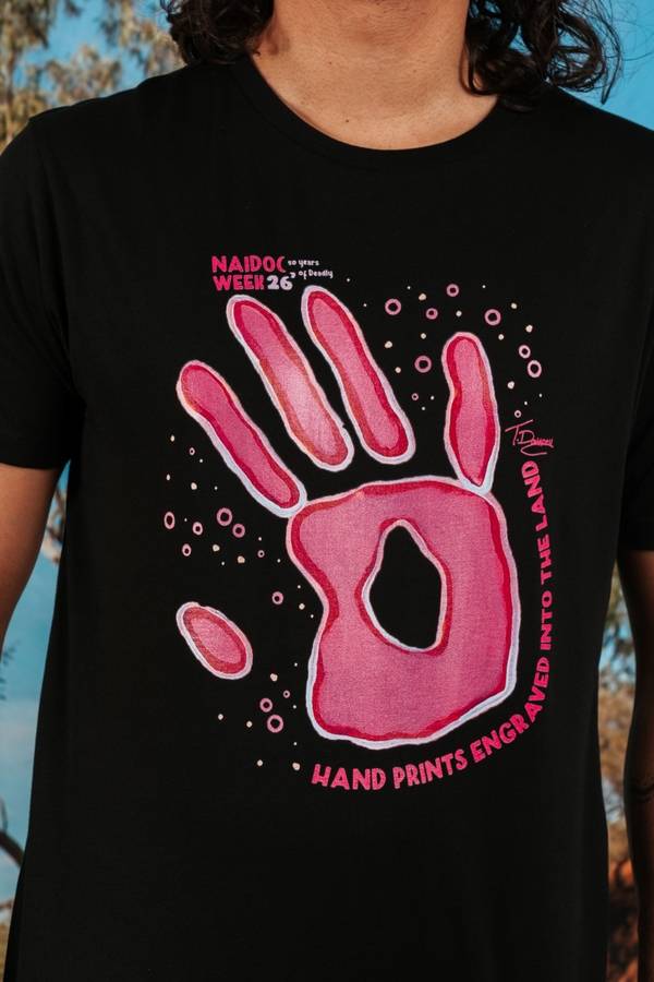 Handprints Engraved NAIDOC Week 2026 Black Cotton Crew Neck Unisex T-Shirt