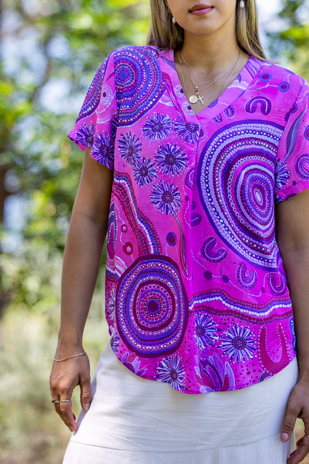 Pink Spring V Neck Women's Short Sleeve Blouse