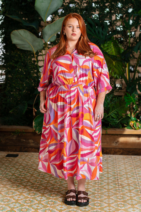 Dancing Leaves 100% Rayon Shirt Dress