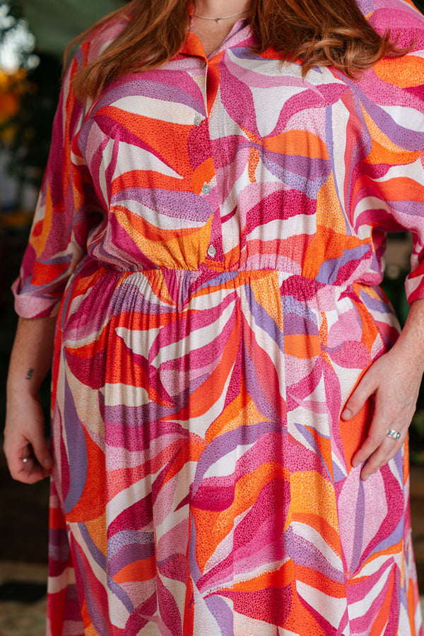 Dancing Leaves 100% Rayon Shirt Dress