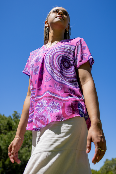 Pink Spring V Neck Women's Short Sleeve Blouse