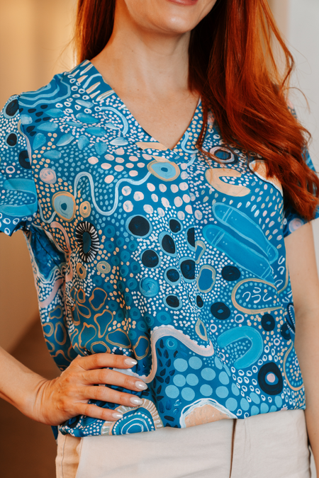 Moorditj Koorliny (Strong Journey) NAIDOC 2026 V Neck Women's Short Sleeve Blouse