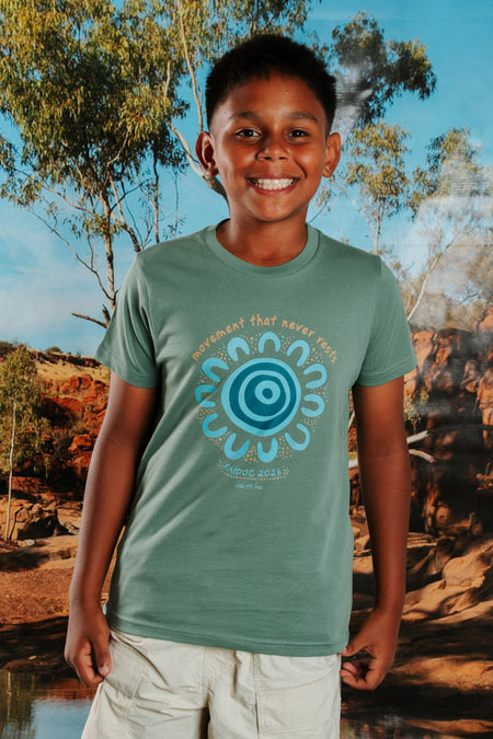 Movement That Never Rests NAIDOC Week 2026 Sage Cotton Premium Kids T-Shirt
