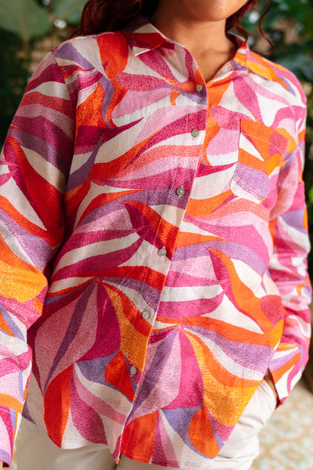 Dancing Leaves 100% Linen Long Sleeve Relaxed Women's Shirt