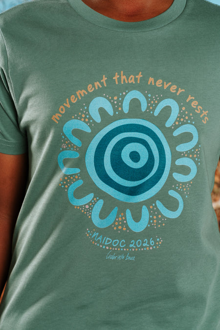 Movement That Never Rests NAIDOC Week 2026 Sage Cotton Premium Kids T-Shirt