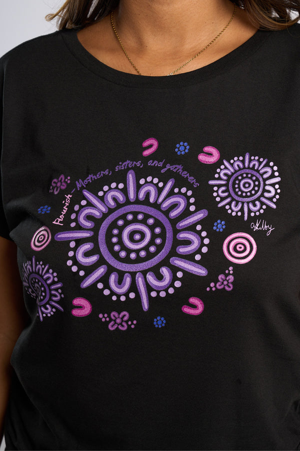 Flourish Black Cotton Crew Neck Womens T-Shirt