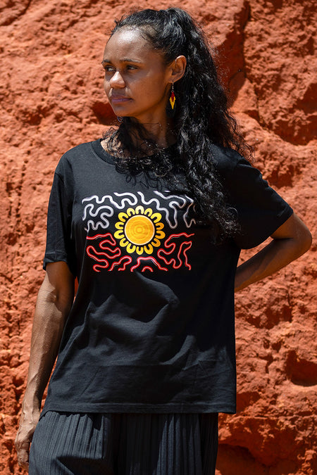 Threaded Together Flag Black Cotton Crew Neck Women's T-Shirt