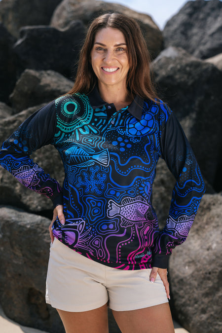 Night Fishing UPF50+ Women's Fitted Long Sleeve Polo Shirt