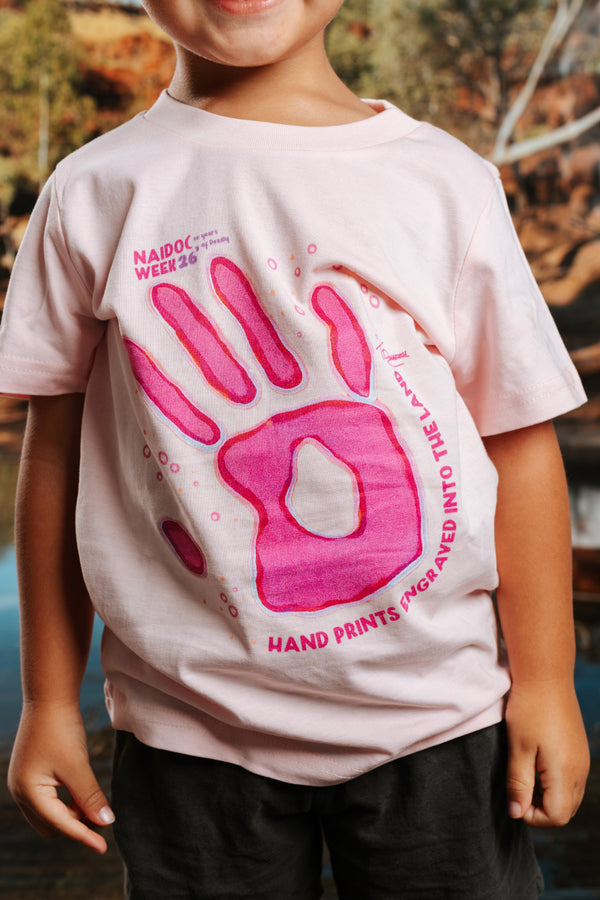 Handprints Engraved NAIDOC Week 2026 Pink Cotton Crew Neck Kids T-Shirt