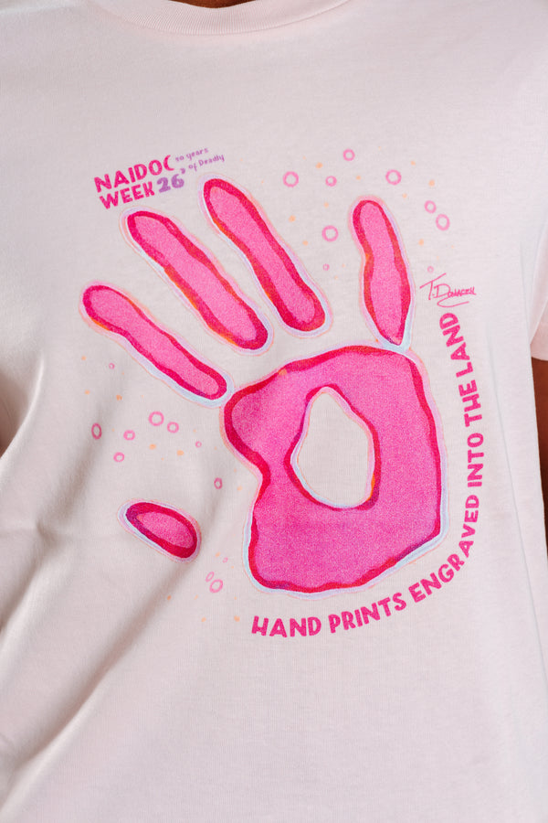 Handprints Engraved NAIDOC Week 2026 Pink Cotton Crew Neck Kids T-Shirt