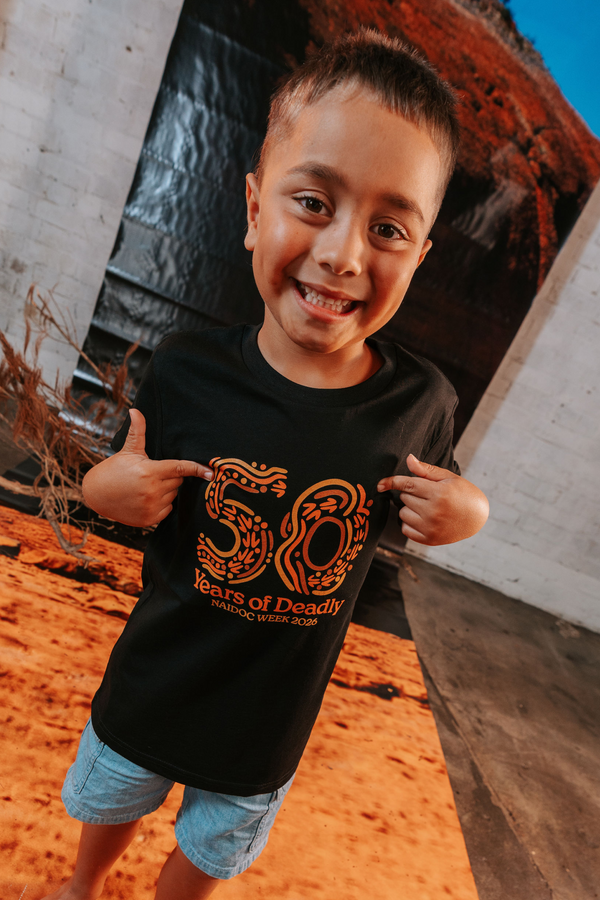 50 Years of Deadly NAIDOC Week 2026 Black Cotton Crew Neck Kids T-Shirt