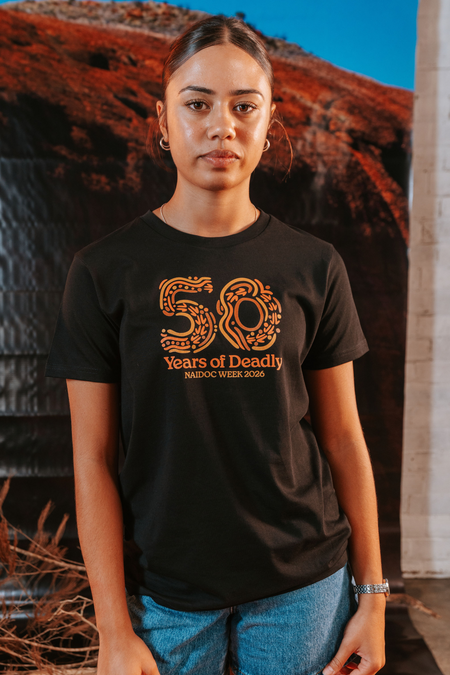 50 Years of Deadly NAIDOC Week 2026 Black Cotton Crew Neck Kids T-Shirt