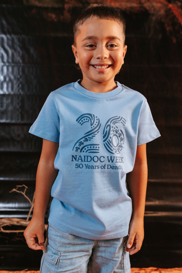 Standing Strong Mono Bold NAIDOC 2026 Carolina Blue Cotton Crew Neck Kids T-Shirt
