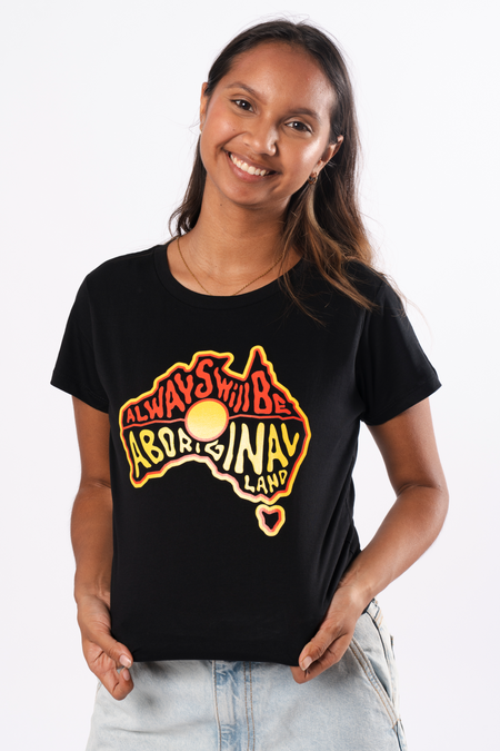 Aboriginal Land Black Cotton Crew Neck Womens T-Shirt