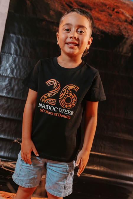 Standing Strong Bold NAIDOC 2026 Black Cotton Crew Neck Kids T-Shirt