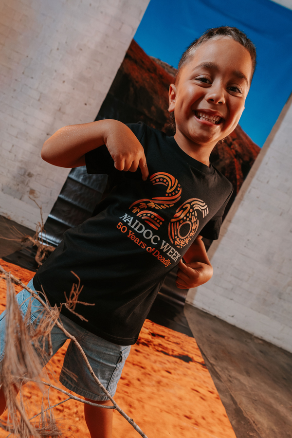 Standing Strong Bold NAIDOC 2026 Black Cotton Crew Neck Kids T-Shirt