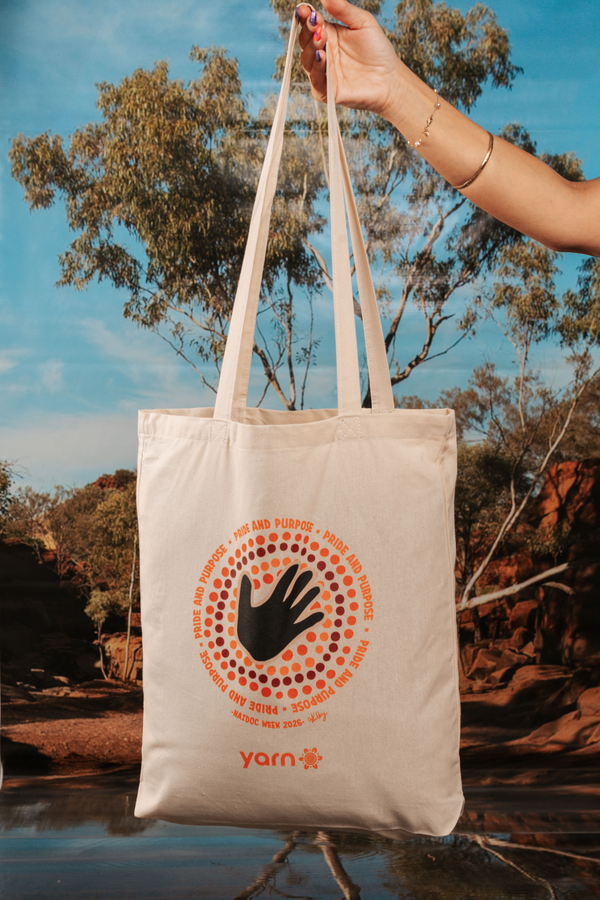 Pride And Purpose NAIDOC Week 2026 Tote Bag Khaki Long Handle Cotton Tote Bag
