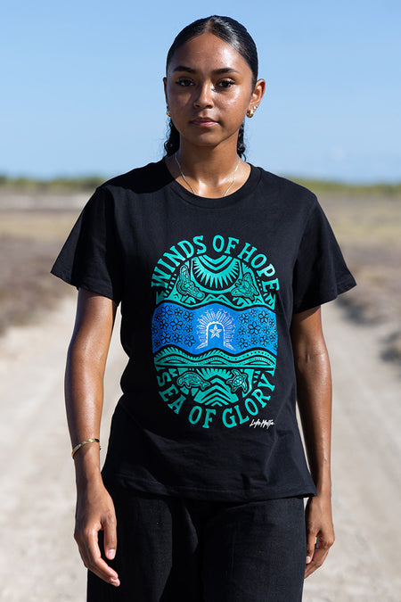 Winds of Hope, Sea of Glory Black Cotton Crew Neck Women's T-Shirt
