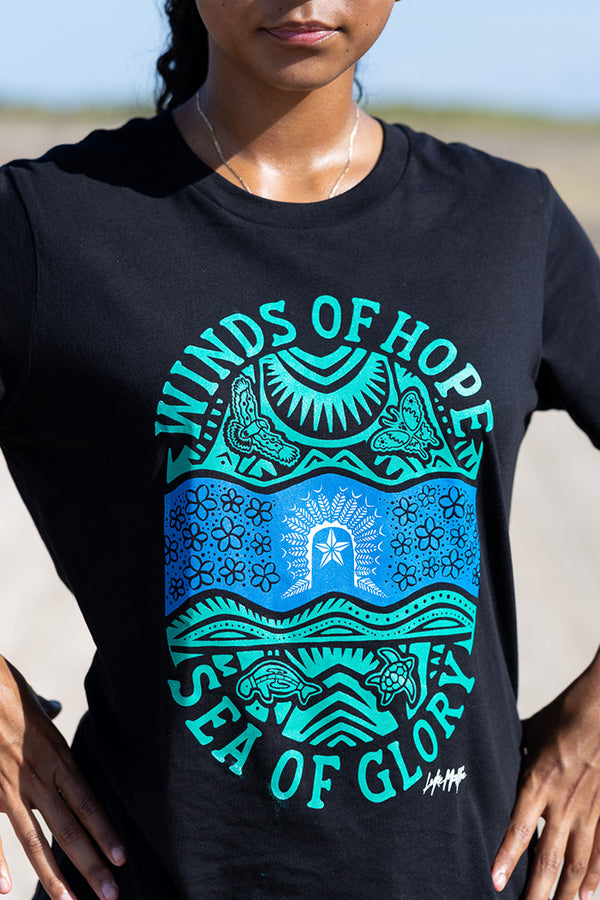 Winds of Hope, Sea of Glory Black Cotton Crew Neck Women's T-Shirt