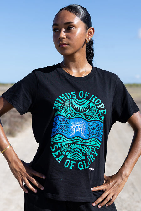 Winds of Hope, Sea of Glory Black Cotton Crew Neck Women's T-Shirt