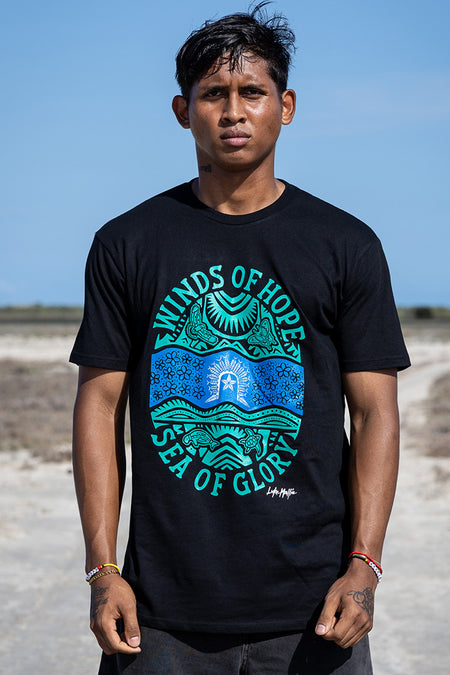Winds of Hope, Sea of Glory Black Cotton Crew Neck Unisex T-Shirt