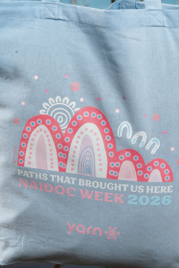 Paths That Brought Us Here NAIDOC Week 2026 Tote Bag Sky Blue Long Handle Cotton Tote Bag