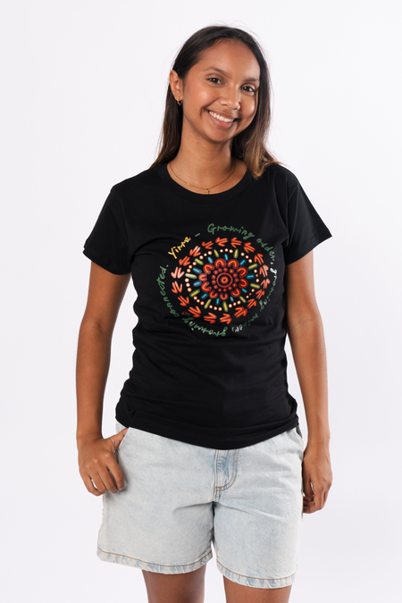 Yirra Black Cotton Crew Neck Womens T-Shirt