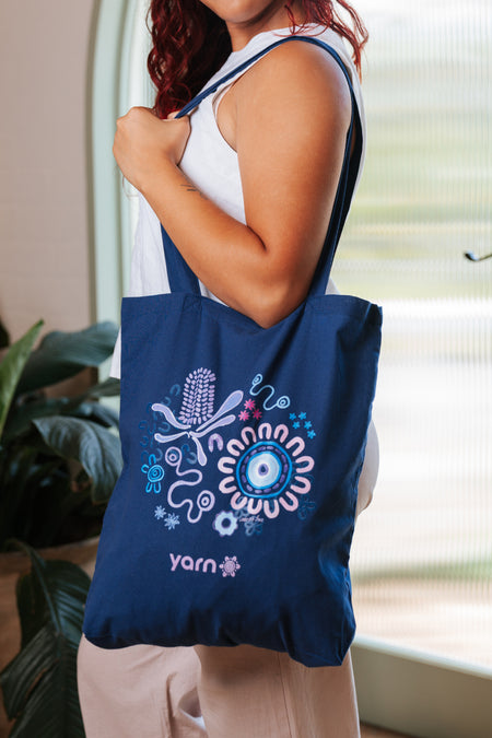 Mother Nature Dark Blue Long Handle Cotton Tote Bag
