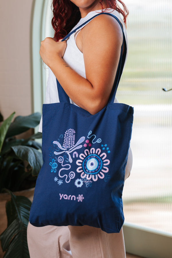 Mother Nature Dark Blue Long Handle Cotton Tote Bag