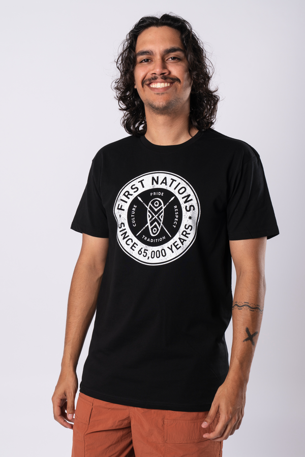 First Nations Shield Black Cotton Crew Neck Mens T-Shirt