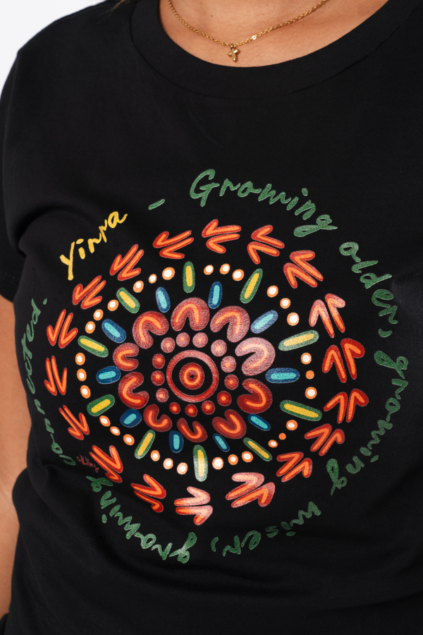Yirra Black Cotton Crew Neck Womens T-Shirt