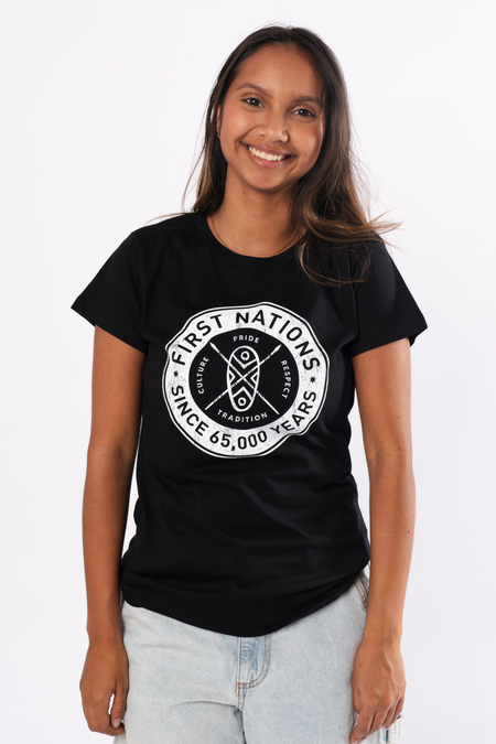 First Nations Shield Black Cotton Crew Neck Womens T-Shirt