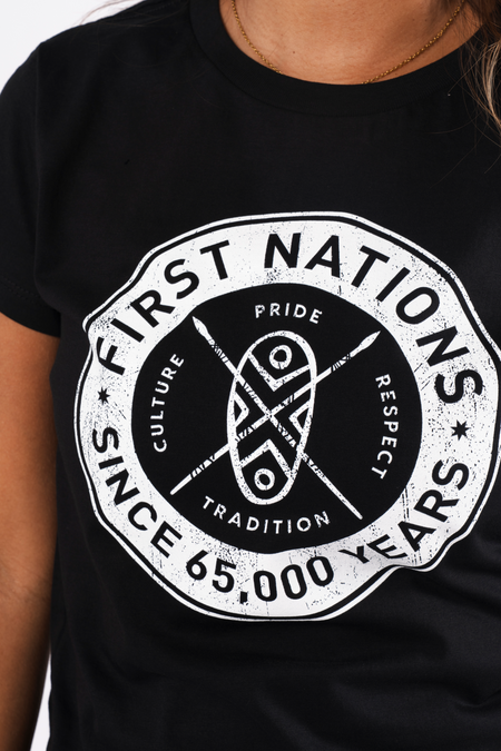 First Nations Shield Black Cotton Crew Neck Womens T-Shirt