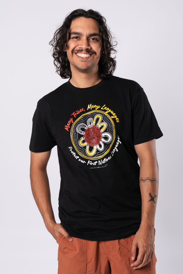 Many Tribes, Many Languages Black Cotton Crew Neck Mens T-Shirt
