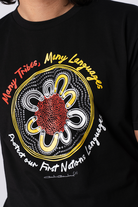 Many Tribes, Many Languages Black Cotton Crew Neck Mens T-Shirt