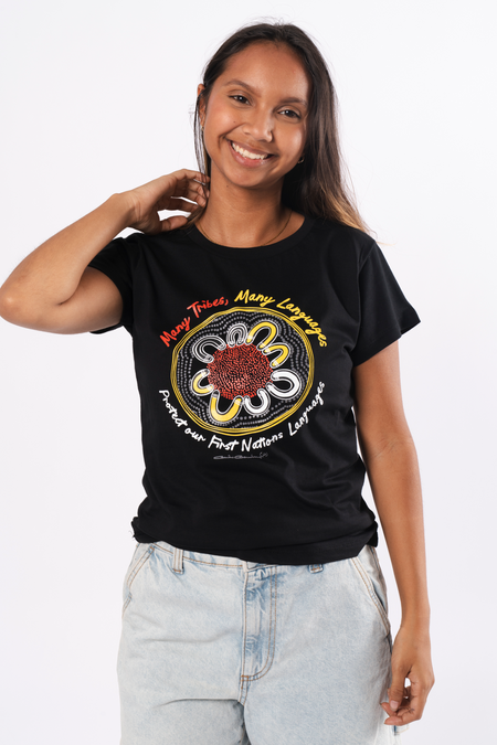 Many Tribes, Many Languages Black Cotton Crew Neck Womens T-Shirt