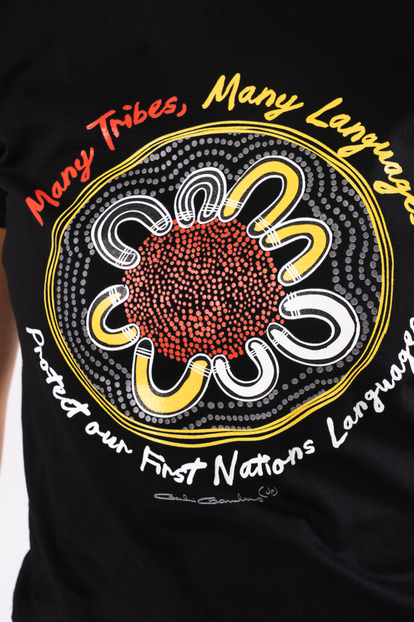 Many Tribes, Many Languages Black Cotton Crew Neck Womens T-Shirt