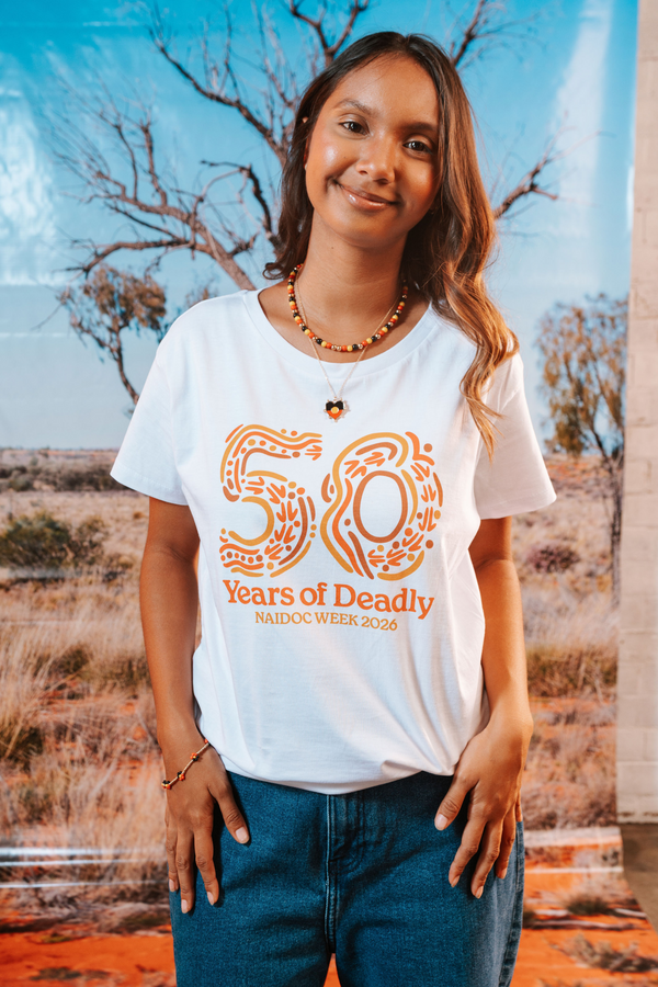 50 Years of Deadly NAIDOC Week 2026 White Cotton Crew Neck Women's T-Shirt