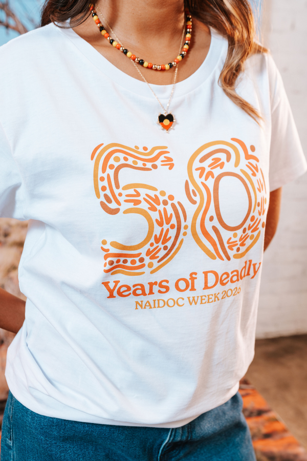 50 Years of Deadly NAIDOC Week 2026 White Cotton Crew Neck Women's T-Shirt