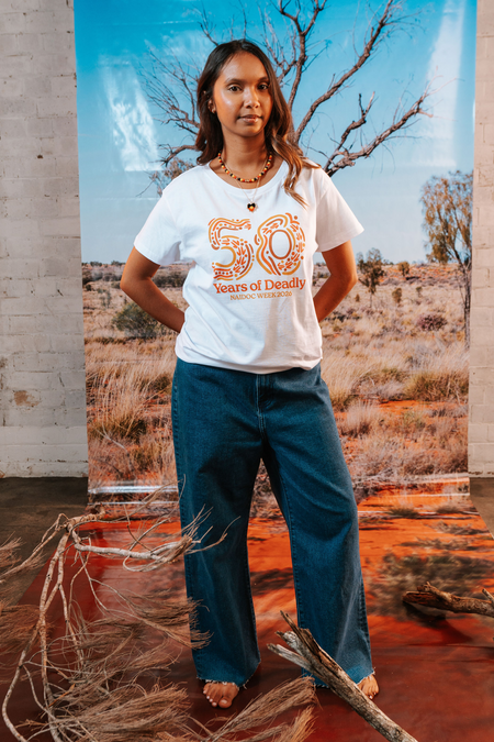 50 Years of Deadly NAIDOC Week 2026 White Cotton Crew Neck Women's T-Shirt
