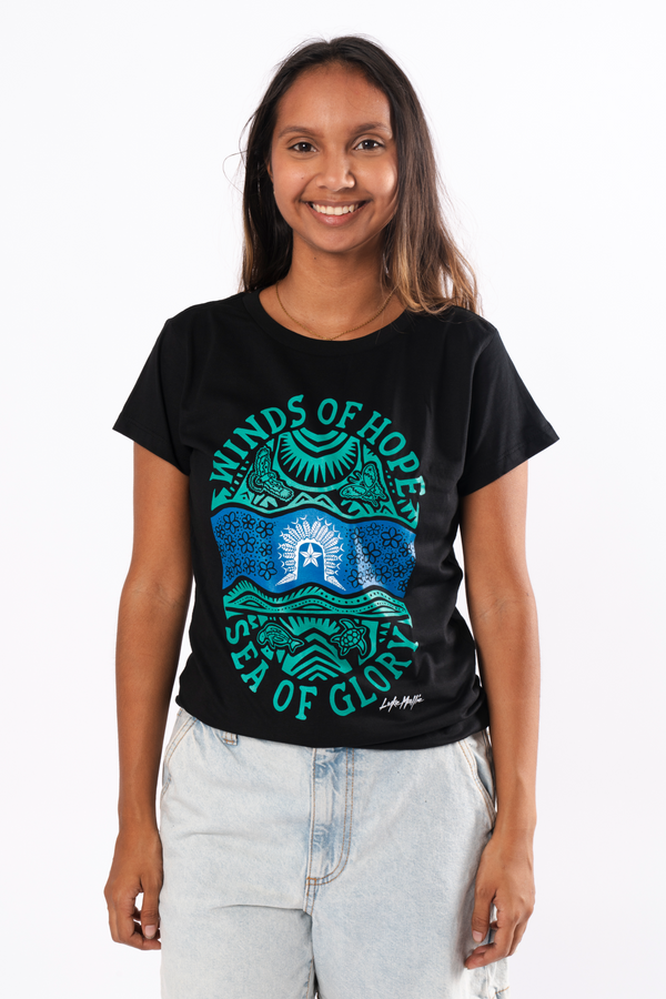 Winds of Hope, Sea of Glory Black Cotton Crew Neck Women's T-Shirt
