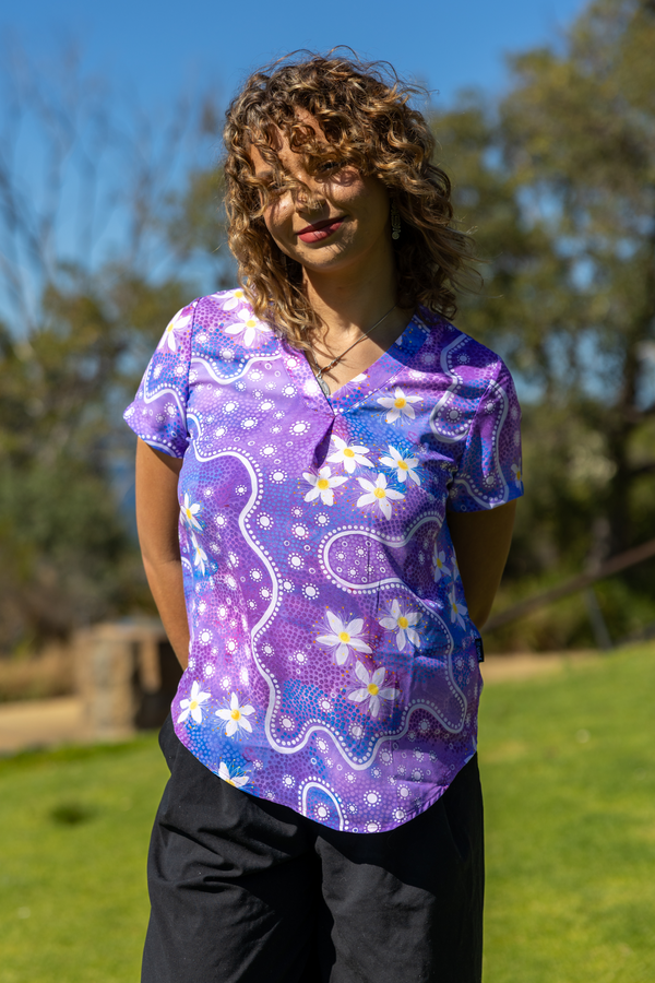 Lemon Myrtle Flowers V Neck Women's Short Sleeve Blouse