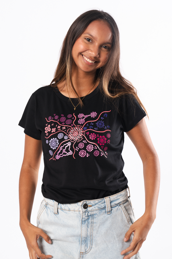 Friendship Black Cotton Crew Neck Womens T-Shirt