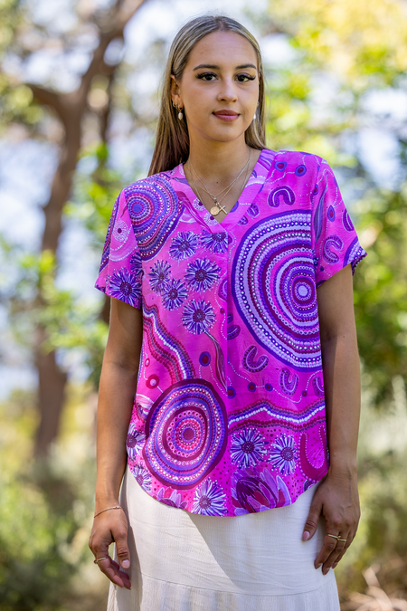 Pink Spring V Neck Women's Short Sleeve Blouse